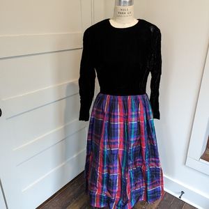Vintage 1980s/90s  Talbot's Velvet and Taffeta Black Multicolor Plaid Maxi Dress